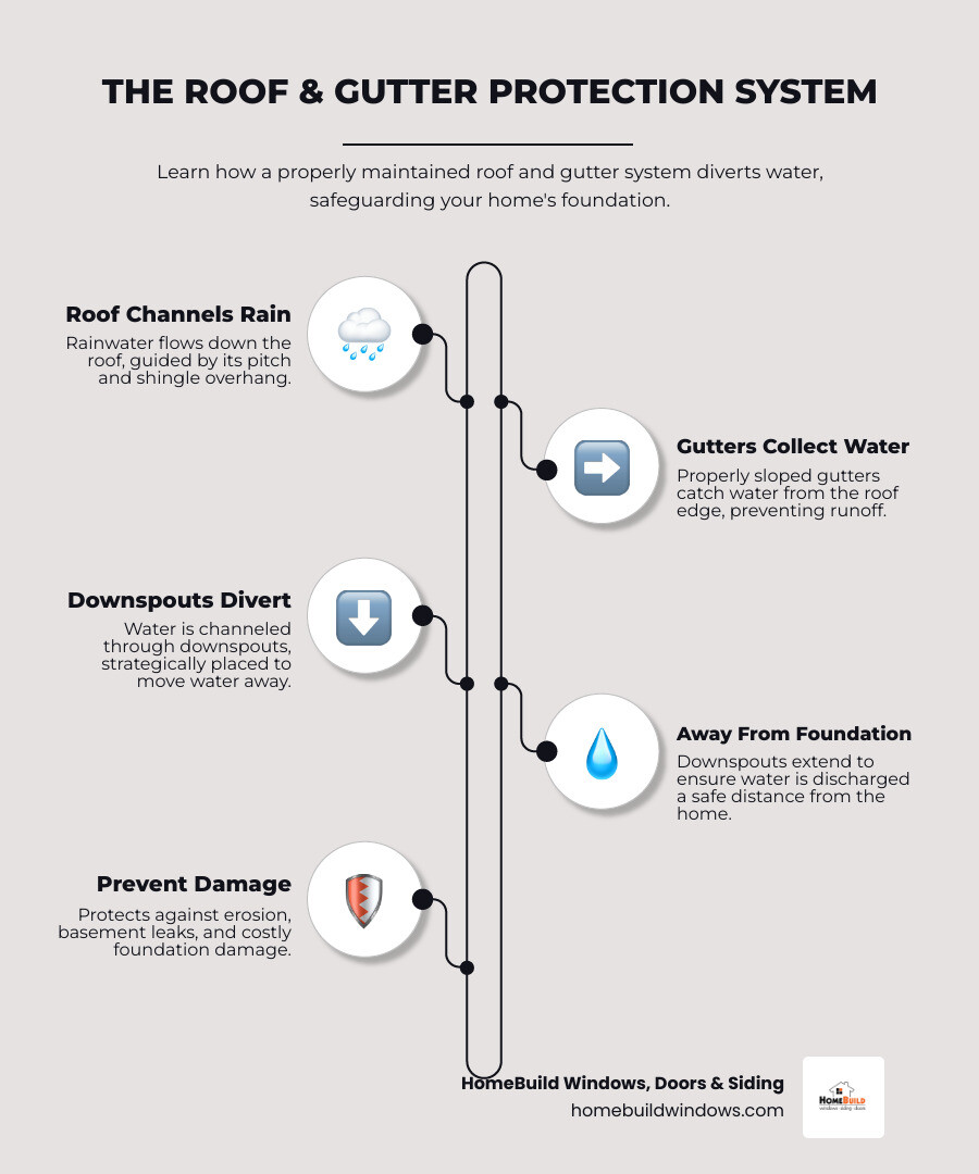 Infographic showing how a properly functioning roof and gutter system channels rainwater through downspouts and away from the foundation, preventing pooling, erosion, and basement water intrusion, with labels for roof pitch, gutter slope, downspout placement, and foundation protection zone - gutter and roof repair infographic infographic-line-5-steps-elegant_beige