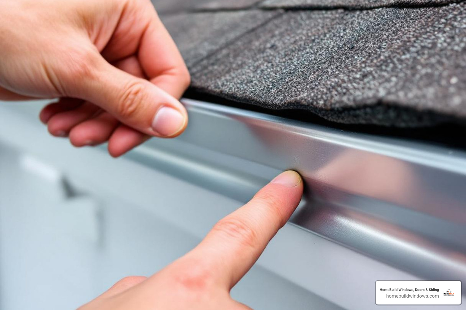 A close-up image of a homeowner's hand pointing to a small, barely visible leak in a gutter seam - gutter and roof repair
