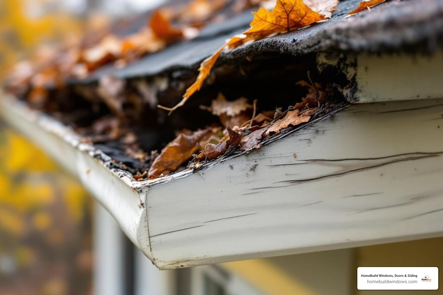 A severely sagging gutter overflowing with leaves and debris, pulling away from the fascia board of a house - gutter and roof repair