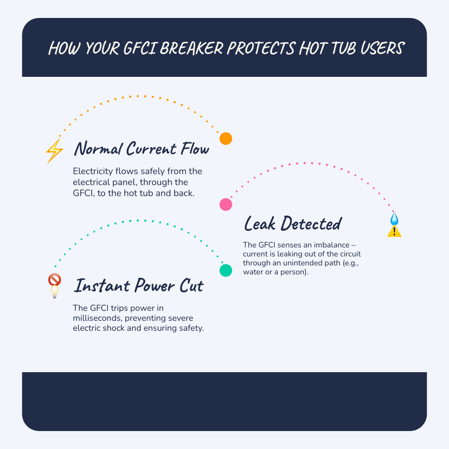 Infographic showing a hot tub connected to a spa panel with GFCI breaker, with arrows indicating how the GFCI detects current imbalance between hot and neutral wires and trips to cut power within milliseconds, preventing electric shock - gfci breaker for hot tub infographic infographic-line-3-steps-blues-accent_colors Infographic showing a hot tub connected to a spa panel with GFCI breaker, with arrows indicating how the GFCI detects current imbalance between hot and neutral wires and trips to cut power within milliseconds, preventing electric shock - gfci breaker for hot tub infographic infographic-line-3-steps-blues-accent_colors