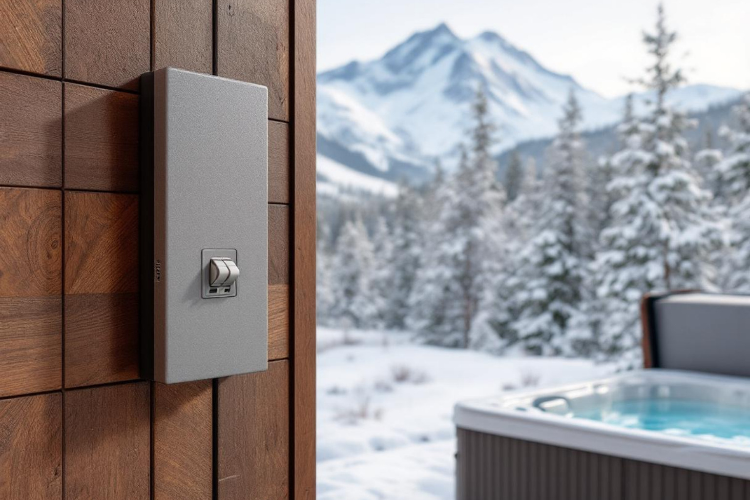 A durable, weatherproof spa panel with a clear GFCI breaker visible inside, mounted on an exterior wall near a hot tub in a snowy backyard. - gfci breaker for hot tub A durable, weatherproof spa panel with a clear GFCI breaker visible inside, mounted on an exterior wall near a hot tub in a snowy backyard. - gfci breaker for hot tub