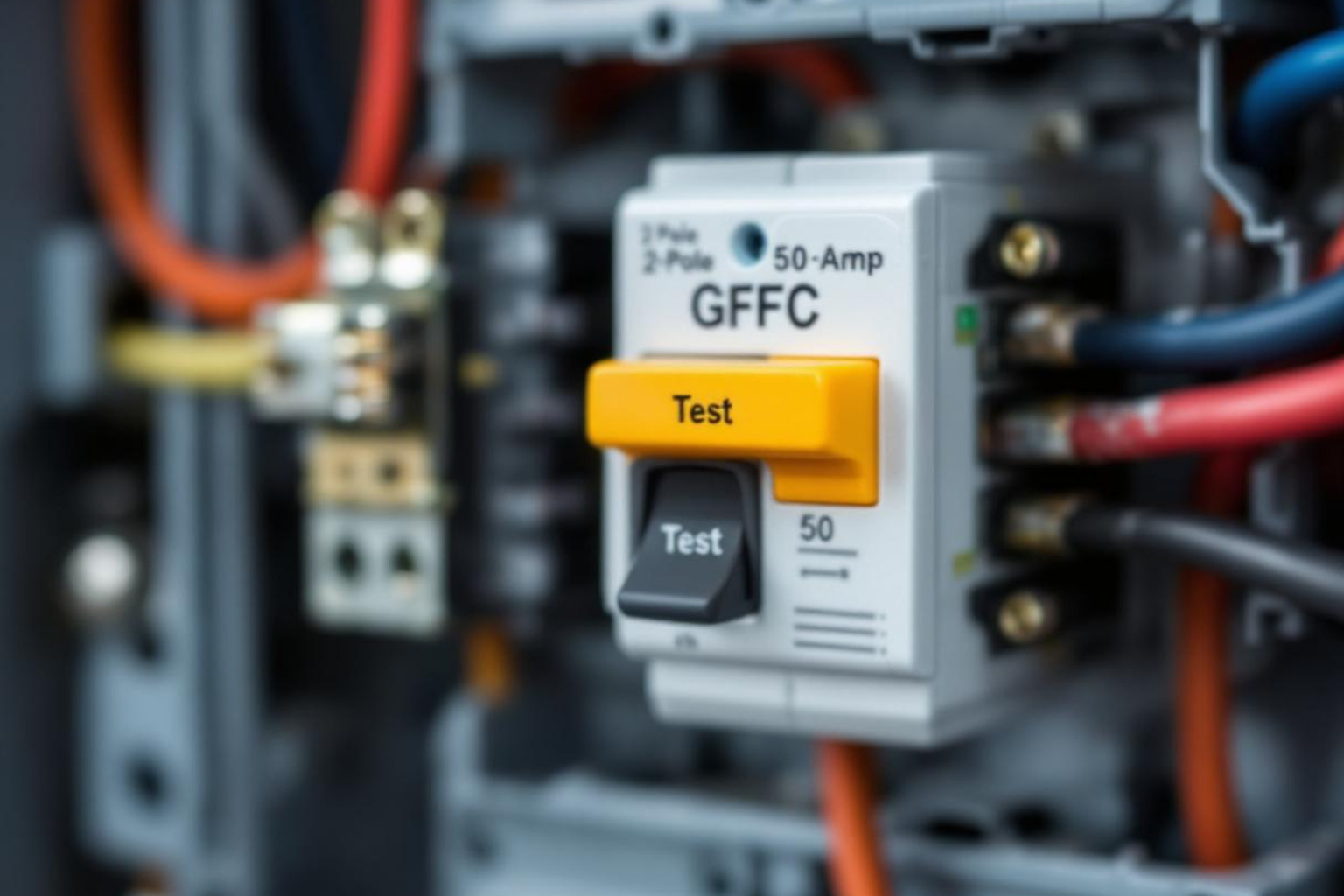 A close-up of a 2-pole, 50-amp GFCI circuit breaker, showing its "Test" button and wiring terminals. - gfci breaker for hot tub A close-up of a 2-pole, 50-amp GFCI circuit breaker, showing its "Test" button and wiring terminals. - gfci breaker for hot tub