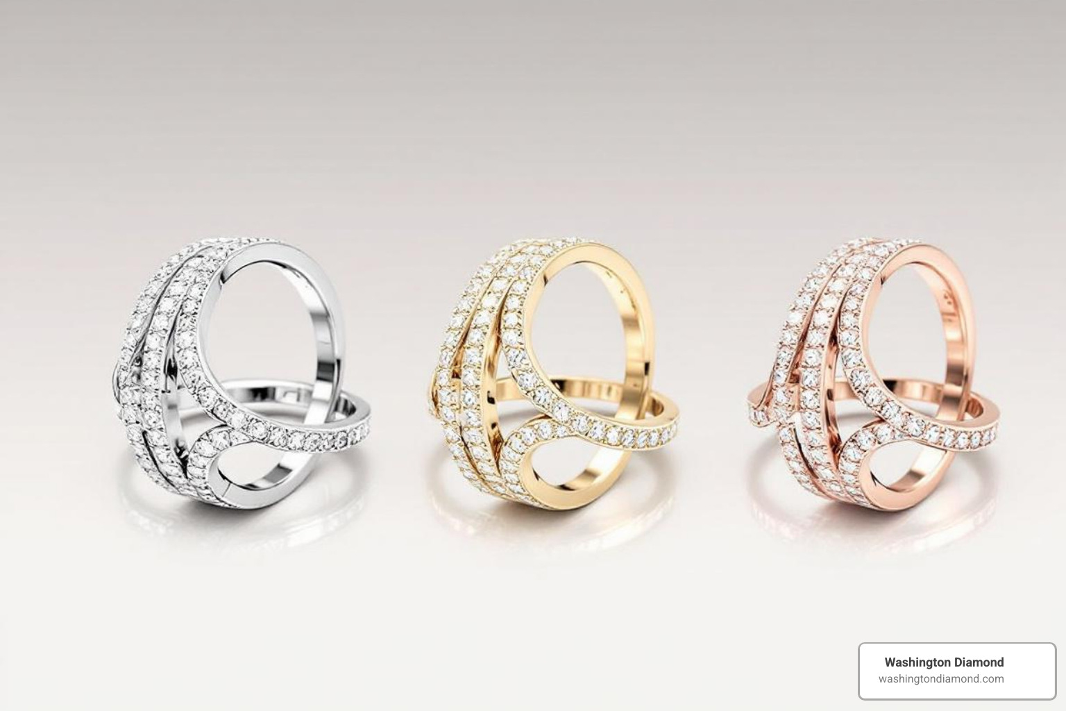 3-row micro pavé ring shown in white gold, yellow gold, and rose gold - 3 row micro pave engagement ring