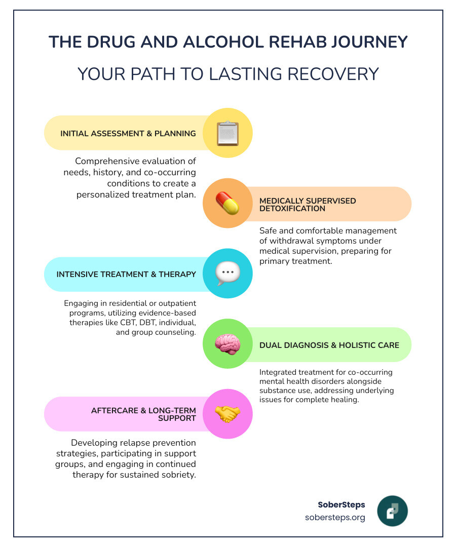 Infographic showing the complete drug and alcohol rehab treatment journey from initial assessment through detoxification, residential or outpatient treatment, various therapy modalities including individual and group counseling, dual diagnosis care for co-occurring mental health conditions, aftercare planning, and long-term recovery support with peer groups and continued therapy - drug and alcohol rehab infographic infographic-line-5-steps-colors Infographic showing the complete drug and alcohol rehab treatment journey from initial assessment through detoxification, residential or outpatient treatment, various therapy modalities including individual and group counseling, dual diagnosis care for co-occurring mental health conditions, aftercare planning, and long-term recovery support with peer groups and continued therapy - drug and alcohol rehab infographic infographic-line-5-steps-colors