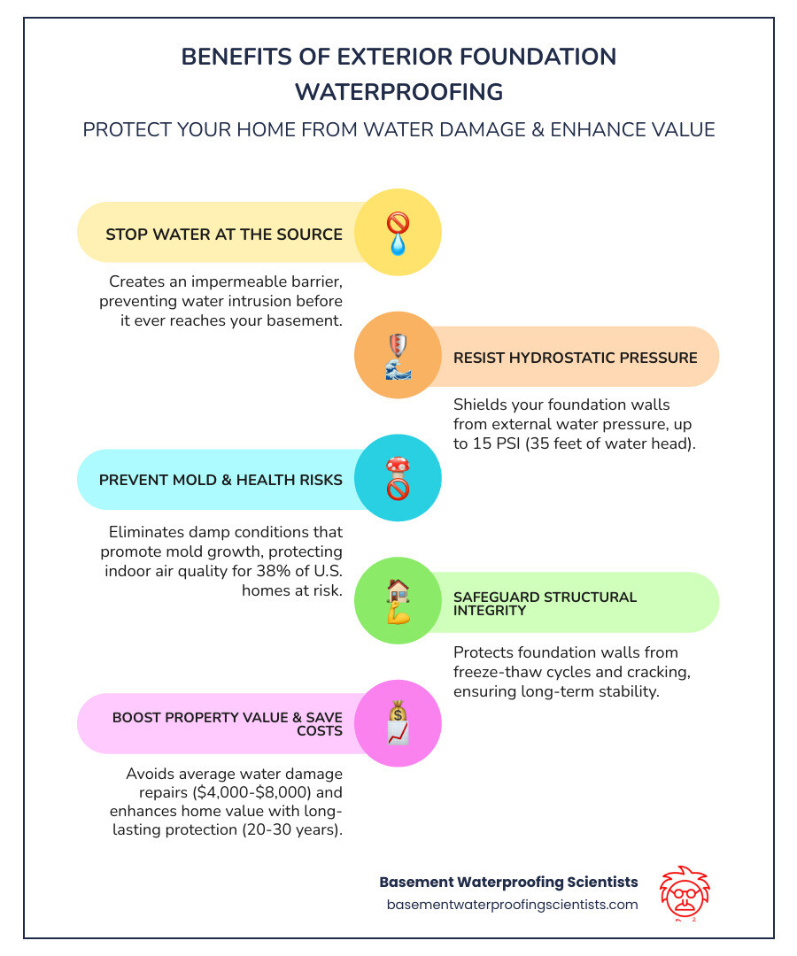 Infographic showing the benefits of exterior foundation waterproofing: prevents water intrusion before it reaches the basement, protects against hydrostatic pressure up to 15 psi (35 feet of water head), resists freeze-thaw cycles (60+ cycles), prevents mold growth that affects 38% of U.S. homes, protects structural integrity and prevents cracking, maintains property value by avoiding $4,000-$8,000 in average water damage repair costs, and provides long-term protection lasting 20-30 years depending on the system chosen - best exterior foundation waterproofing infographic infographic-line-5-steps-colors Infographic showing the benefits of exterior foundation waterproofing: prevents water intrusion before it reaches the basement, protects against hydrostatic pressure up to 15 psi (35 feet of water head), resists freeze-thaw cycles (60+ cycles), prevents mold growth that affects 38% of U.S. homes, protects structural integrity and prevents cracking, maintains property value by avoiding $4,000-$8,000 in average water damage repair costs, and provides long-term protection lasting 20-30 years depending on the system chosen - best exterior foundation waterproofing infographic infographic-line-5-steps-colors