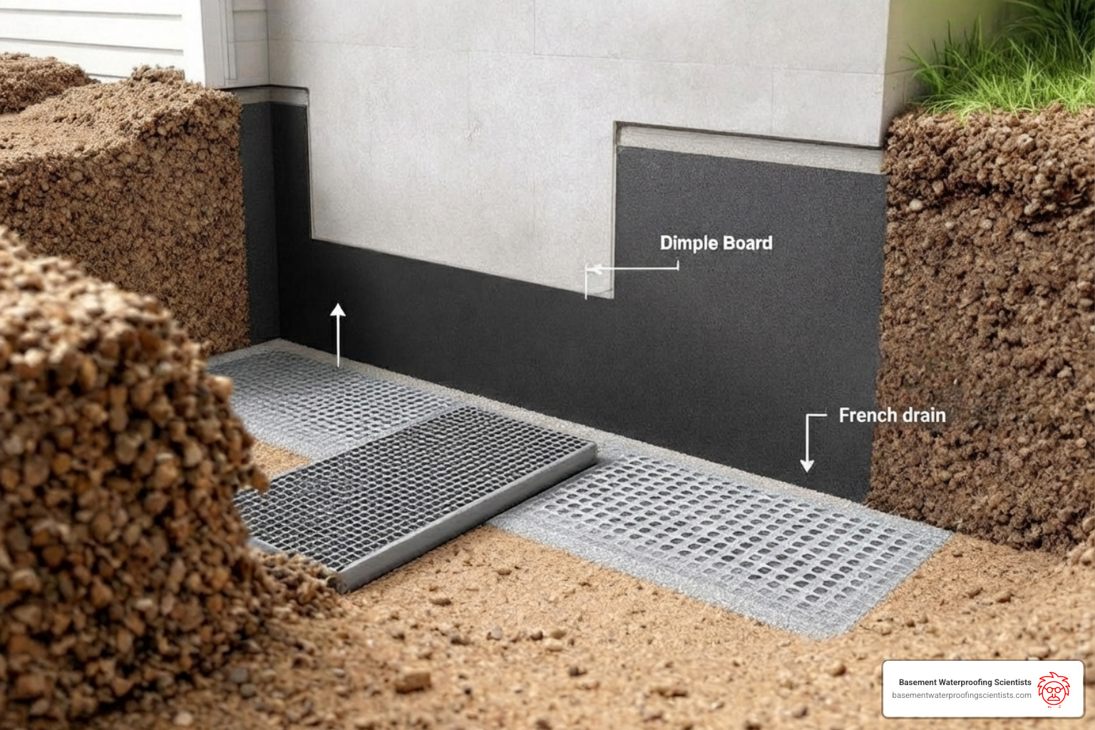 A complete exterior waterproofing system with a liquid-applied membrane, dimple board, and French drain, showing gravel backfill and proper grading - best exterior foundation waterproofing A complete exterior waterproofing system with a liquid-applied membrane, dimple board, and French drain, showing gravel backfill and proper grading - best exterior foundation waterproofing