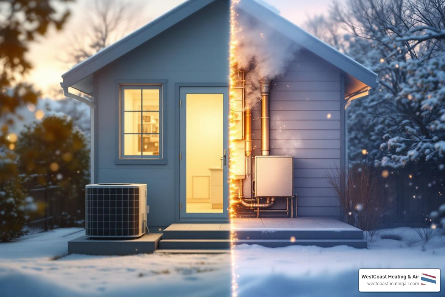 infographic showing dual fuel system operation with heat pump active in mild weather and furnace engaging in extreme cold, including temperature switchover points and energy efficiency comparison - best dual fuel heat pump