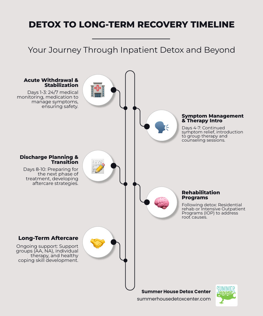 Infographic showing the detox to recovery timeline: Day 1-3 acute withdrawal and medical stabilization, Day 4-7 symptom management and therapy introduction, Day 8-10 discharge planning and transition preparation, followed by residential rehab or intensive outpatient programs, then long-term aftercare including support groups and ongoing therapy - inpatient detox center infographic infographic-line-5-steps-elegant_beige