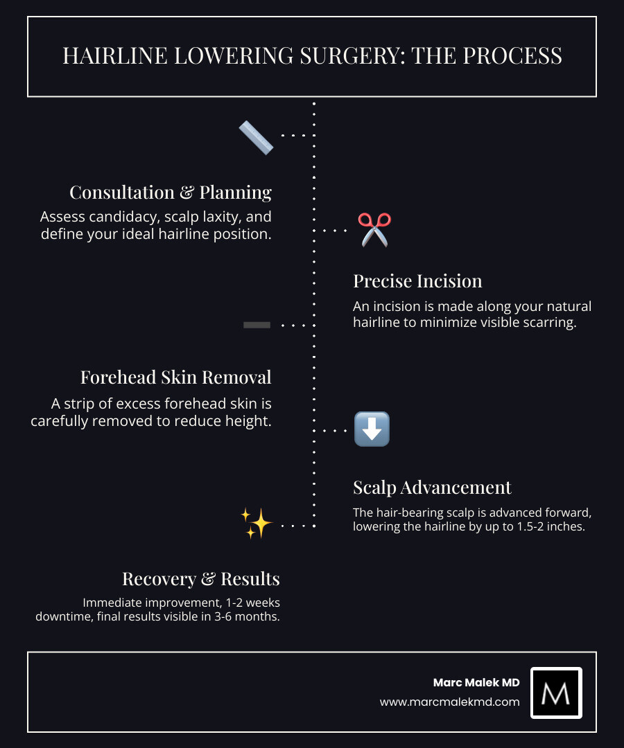 Infographic showing how hairline lowering surgery reduces forehead height by removing excess skin and advancing the scalp forward, with labeled diagrams of before and after hairline positions, incision placement along the natural hairline, typical advancement of 1.5-2 inches, and recovery timeline from initial surgery through final results at 3-6 months - Hairline lowering surgery Arizona infographic infographic-line-5-steps-dark Infographic showing how hairline lowering surgery reduces forehead height by removing excess skin and advancing the scalp forward, with labeled diagrams of before and after hairline positions, incision placement along the natural hairline, typical advancement of 1.5-2 inches, and recovery timeline from initial surgery through final results at 3-6 months - Hairline lowering surgery Arizona infographic infographic-line-5-steps-dark