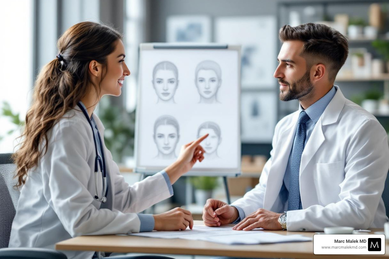 A surgeon in a white coat consulting with a patient in an office setting, pointing to a diagram of a face, illustrating the collaborative and informative nature of the consultation process for hairline lowering surgery. - Hairline lowering surgery Arizona A surgeon in a white coat consulting with a patient in an office setting, pointing to a diagram of a face, illustrating the collaborative and informative nature of the consultation process for hairline lowering surgery. - Hairline lowering surgery Arizona