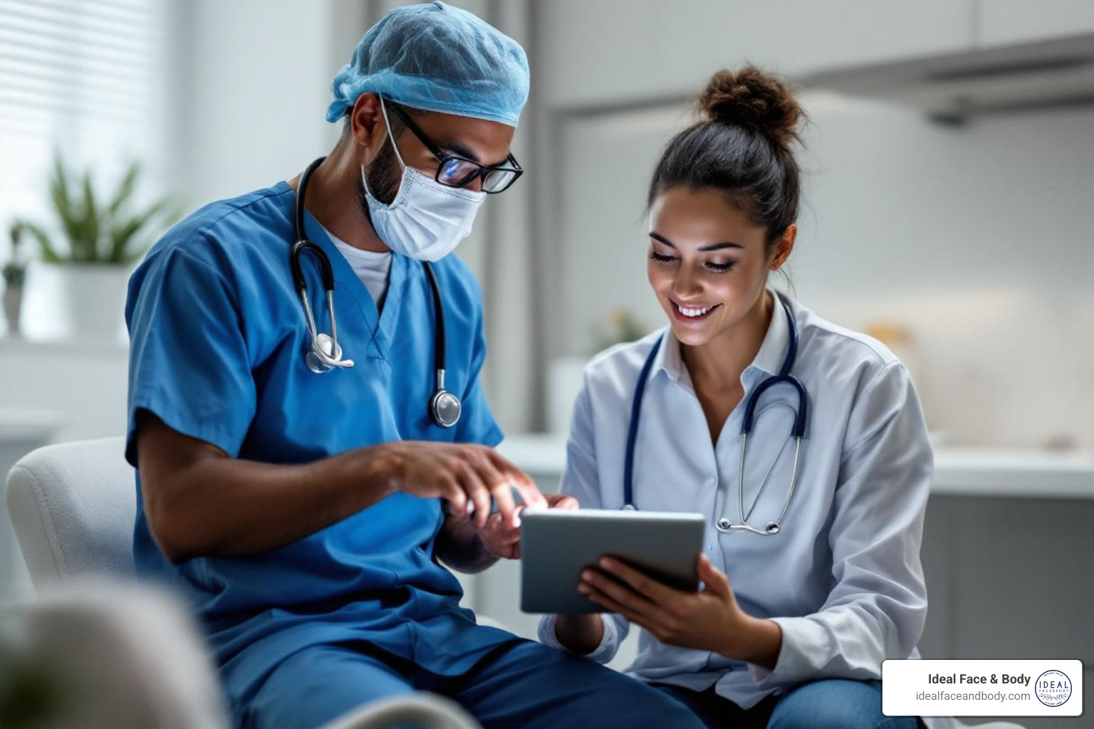 A surgeon and patient looking at a tablet in a modern, clean consultation room - buccal fat removal consultation A surgeon and patient looking at a tablet in a modern, clean consultation room - buccal fat removal consultation
