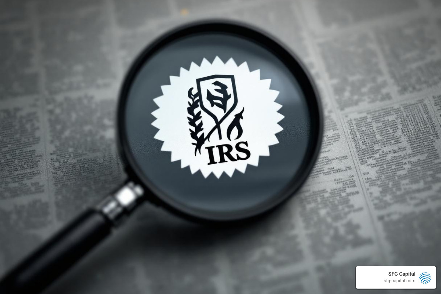 IRS logo next to a magnifying glass, symbolizing IRS scrutiny - erc claim buyout