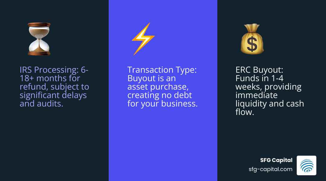 Infographic comparing ERC refund timeline: Traditional IRS processing shows 6-18+ months from filing to refund with multiple review stages and delays; ERC Buyout process shows 1-4 weeks from application to funding, with simple steps of application submission, claim review, offer acceptance, and immediate funding - erc claim buyout infographic 3_facts_emoji_blue