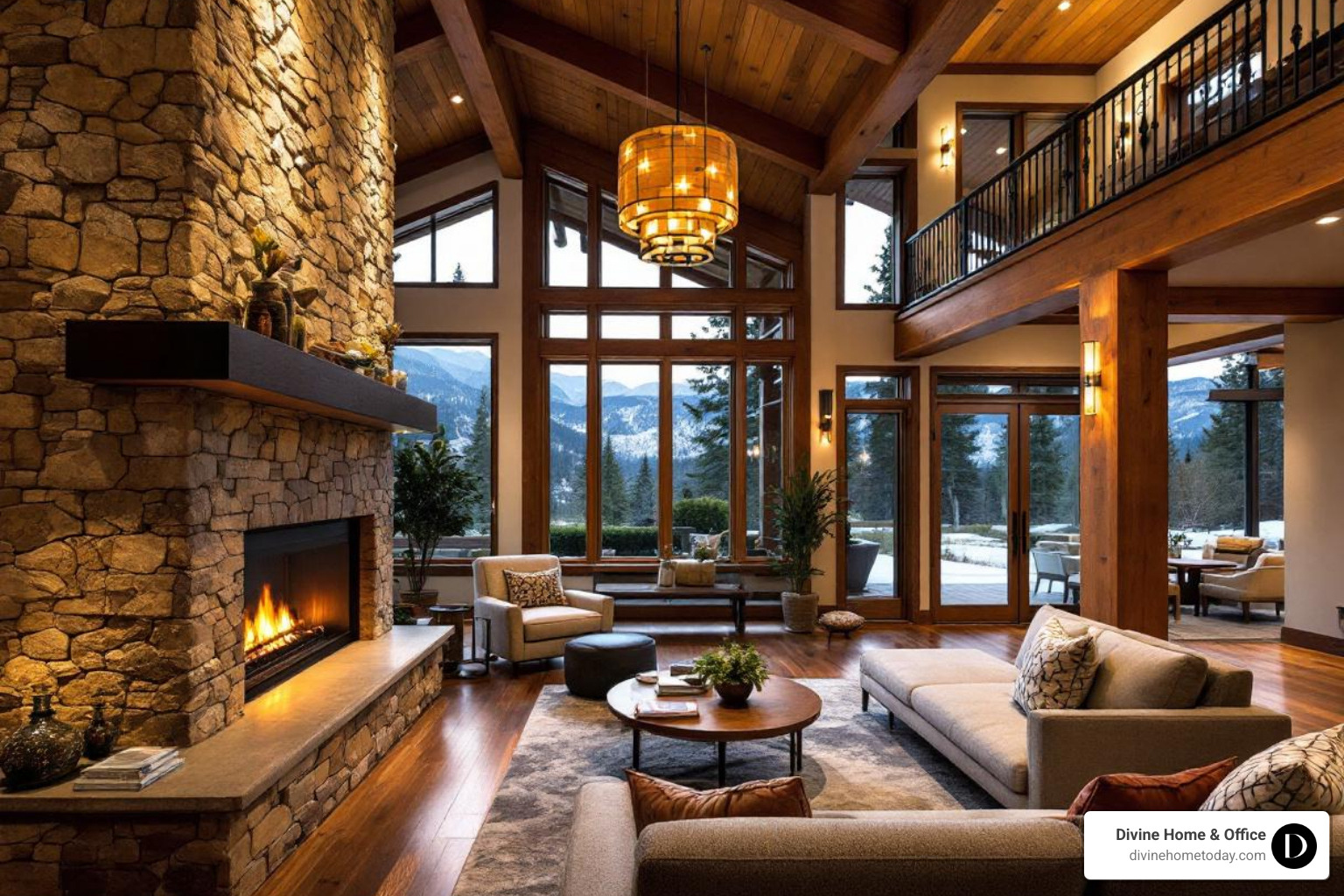 Luxury modern mountain Colorado home with warm natural materials, stone fireplaces, timber beams, high-end finishes, bright natural lighting, large windows with mountain views, clean polished styling, no Victorian or traditional elements. - interior decorating process