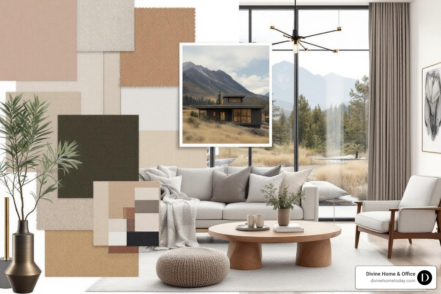 cohesive and stylish mood board featuring fabric swatches, paint chips, and furniture images - interior decorating process