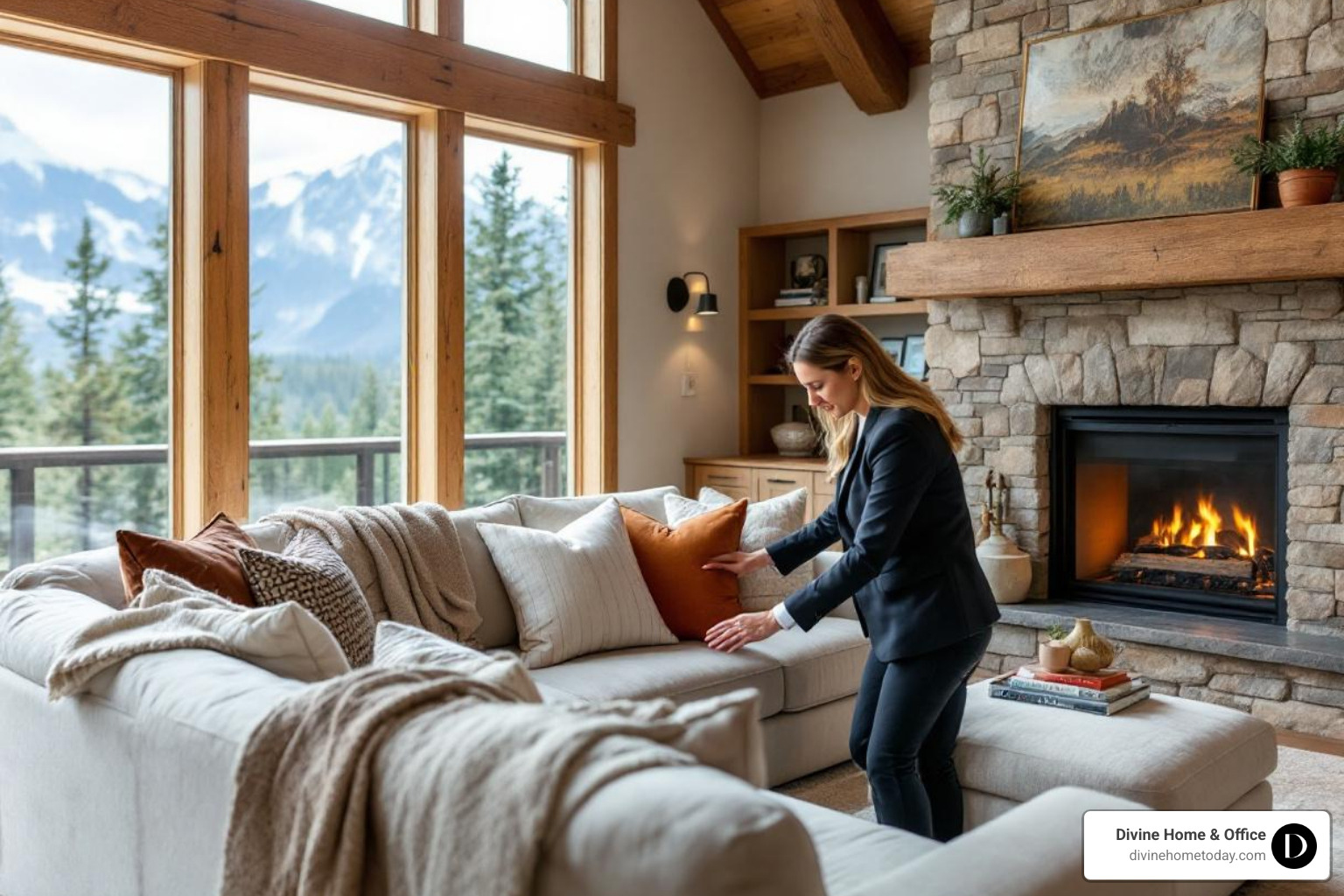 designer adding final styling touches like pillows and throws to a sofa - interior decorating process