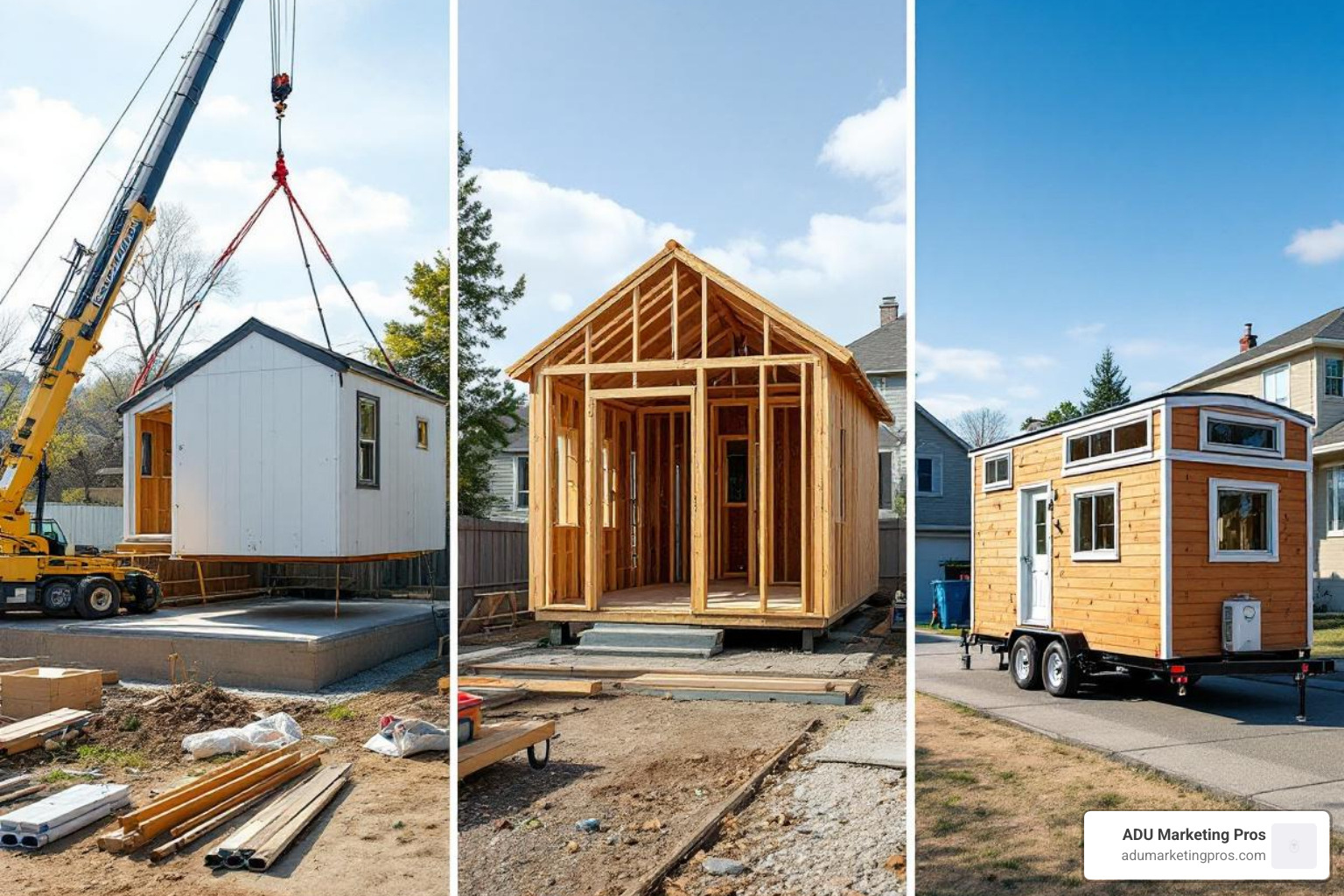 A side-by-side visual comparison: a prefab ADU being craned onto a foundation, a traditional stick-built ADU frame under construction, and a compact tiny home on wheels parked in a driveway. - Affordable prefab ADU