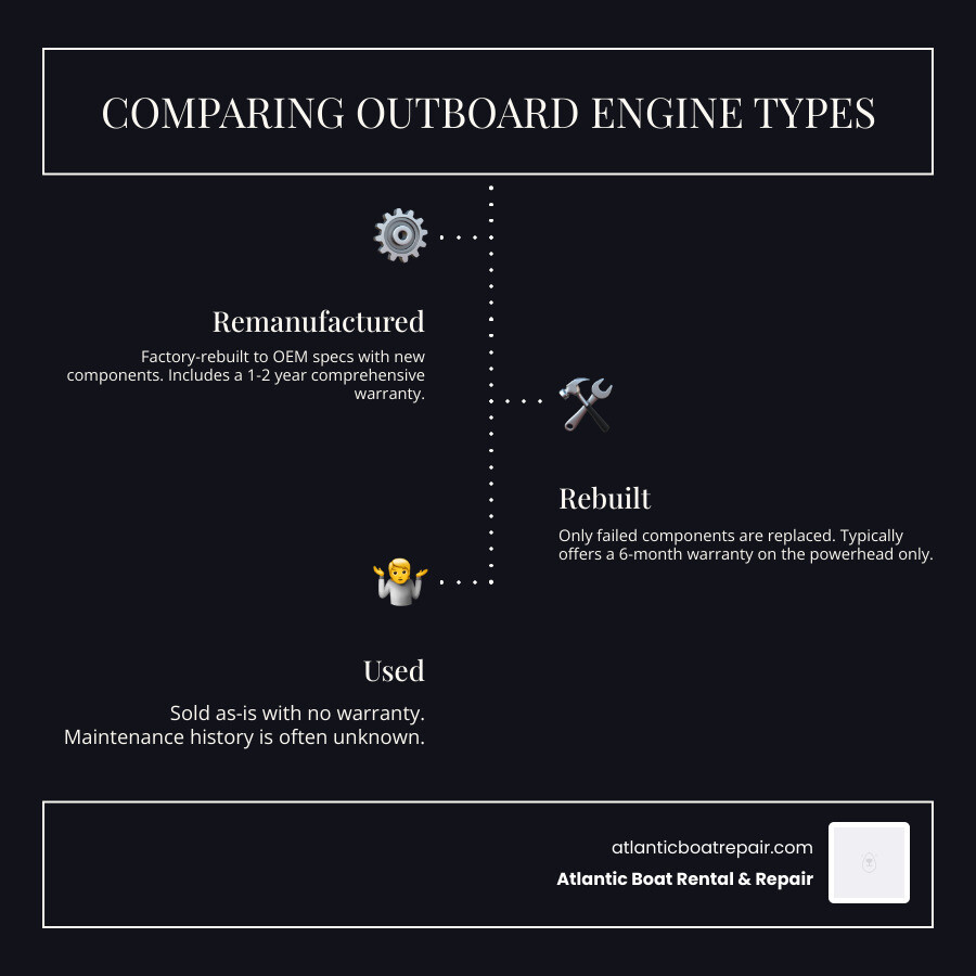 Infographic comparing three types of outboard engines: Remanufactured engines are factory-rebuilt to OEM specs with new components and 1-2 year warranties; Rebuilt engines have failed parts replaced with 6-month warranties on powerhead only; Used engines are sold as-is with no warranty and unknown maintenance history - remanufactured outboard engines for sale infographic infographic-line-3-steps-dark