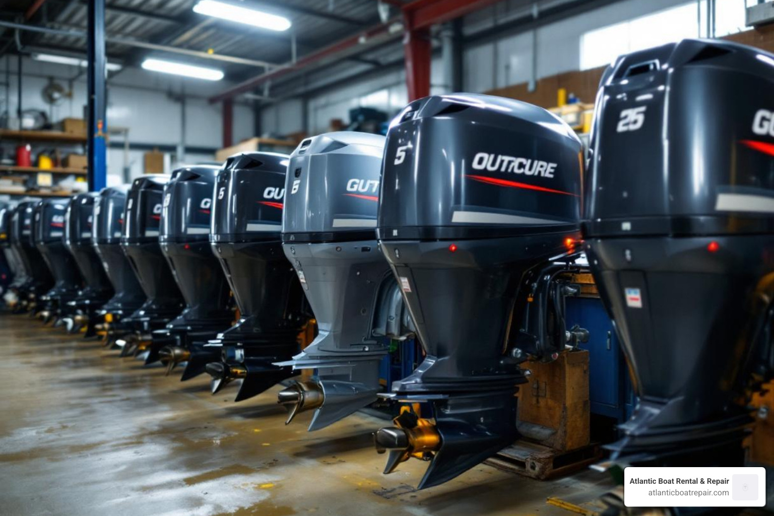 various remanufactured outboard engines lined up in a workshop - remanufactured outboard engines for sale