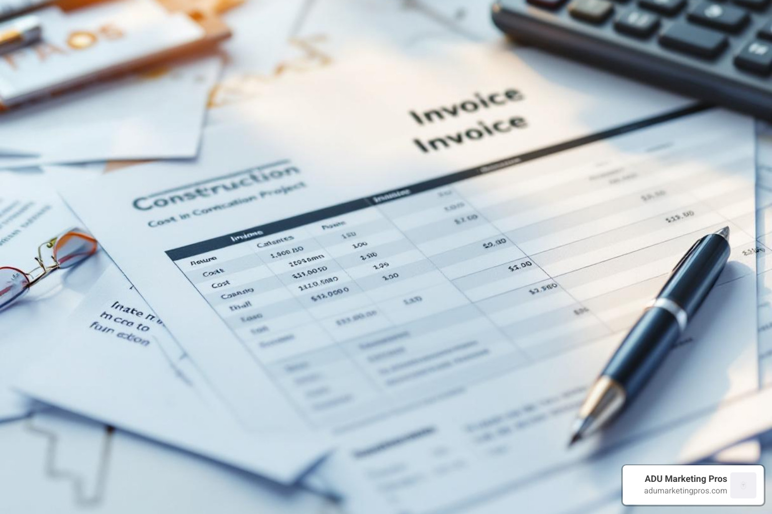 An itemized invoice for a prefab ADU, showing the base unit price and a longer list of additional costs like "Site Work," "Permit Fees," "Transportation," and "Crane Rental." - Affordable prefab ADU