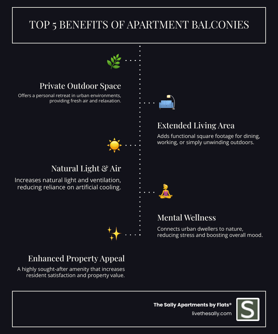 Infographic showing the top 5 benefits of apartment balconies: 1. Private outdoor retreat providing personal space and fresh air, 2. Extended living area adding functional square footage, 3. Natural light and ventilation for a brighter, fresher home, 4. Mental wellness boost from connection to nature, 5. Increased property value and resident satisfaction - apartment building with balconies infographic infographic-line-5-steps-dark