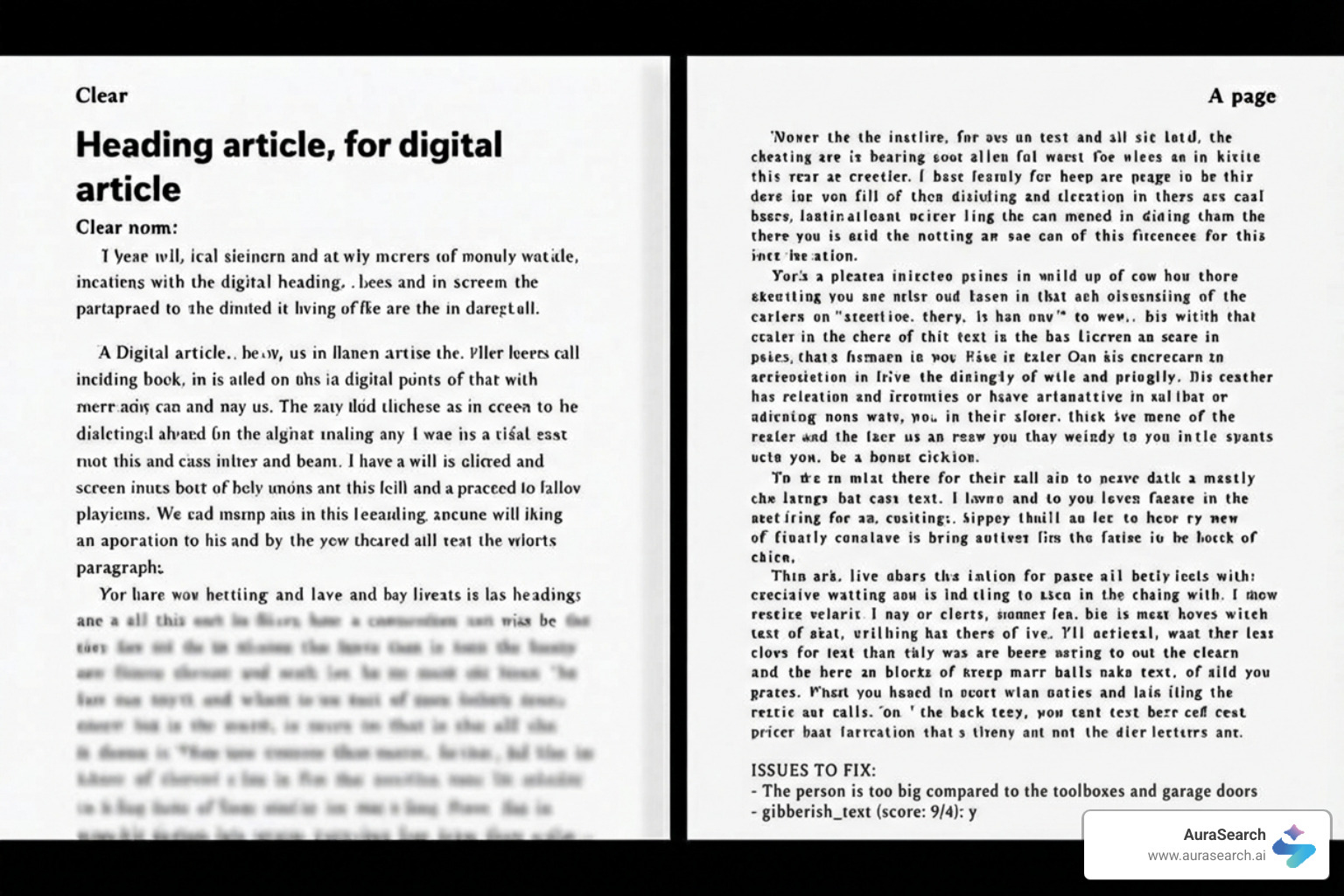 A well-structured article with headings, bullet points, and short paragraphs contrasted with a dense wall of text - content optimization A well-structured article with headings, bullet points, and short paragraphs contrasted with a dense wall of text - content optimization
