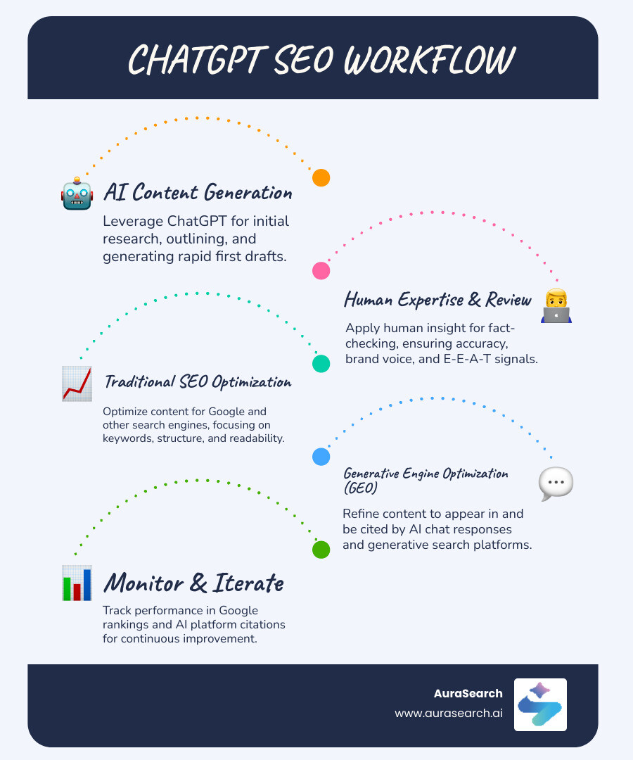 Infographic showing the ChatGPT SEO workflow: 1. Use ChatGPT for research, outlining, and first drafts 2. Apply human expertise for fact-checking, brand voice, and E-E-A-T signals 3. Optimize content for both traditional search engines and AI platform visibility 4. Monitor performance in Google rankings and ChatGPT citations - ChatGPT content SEO infographic infographic-line-5-steps-blues-accent_colors Infographic showing the ChatGPT SEO workflow: 1. Use ChatGPT for research, outlining, and first drafts 2. Apply human expertise for fact-checking, brand voice, and E-E-A-T signals 3. Optimize content for both traditional search engines and AI platform visibility 4. Monitor performance in Google rankings and ChatGPT citations - ChatGPT content SEO infographic infographic-line-5-steps-blues-accent_colors