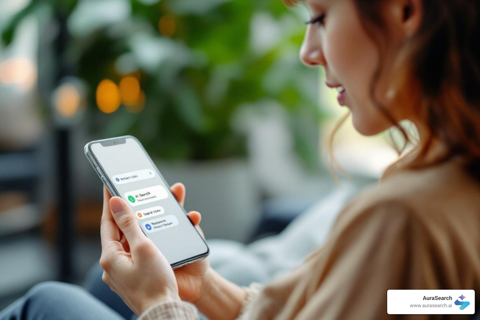 person having a natural conversation with AI search on phone - ai-powered conversational search optimization