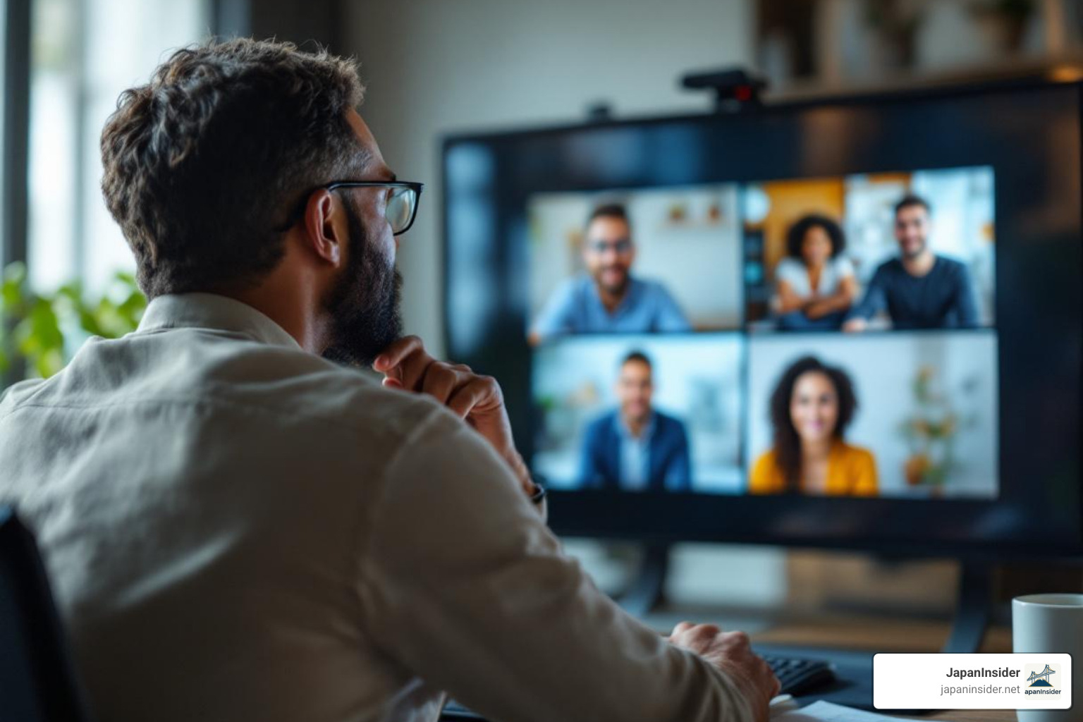 a leader looking thoughtful in a virtual meeting with diverse participants - Cross cultural leadership