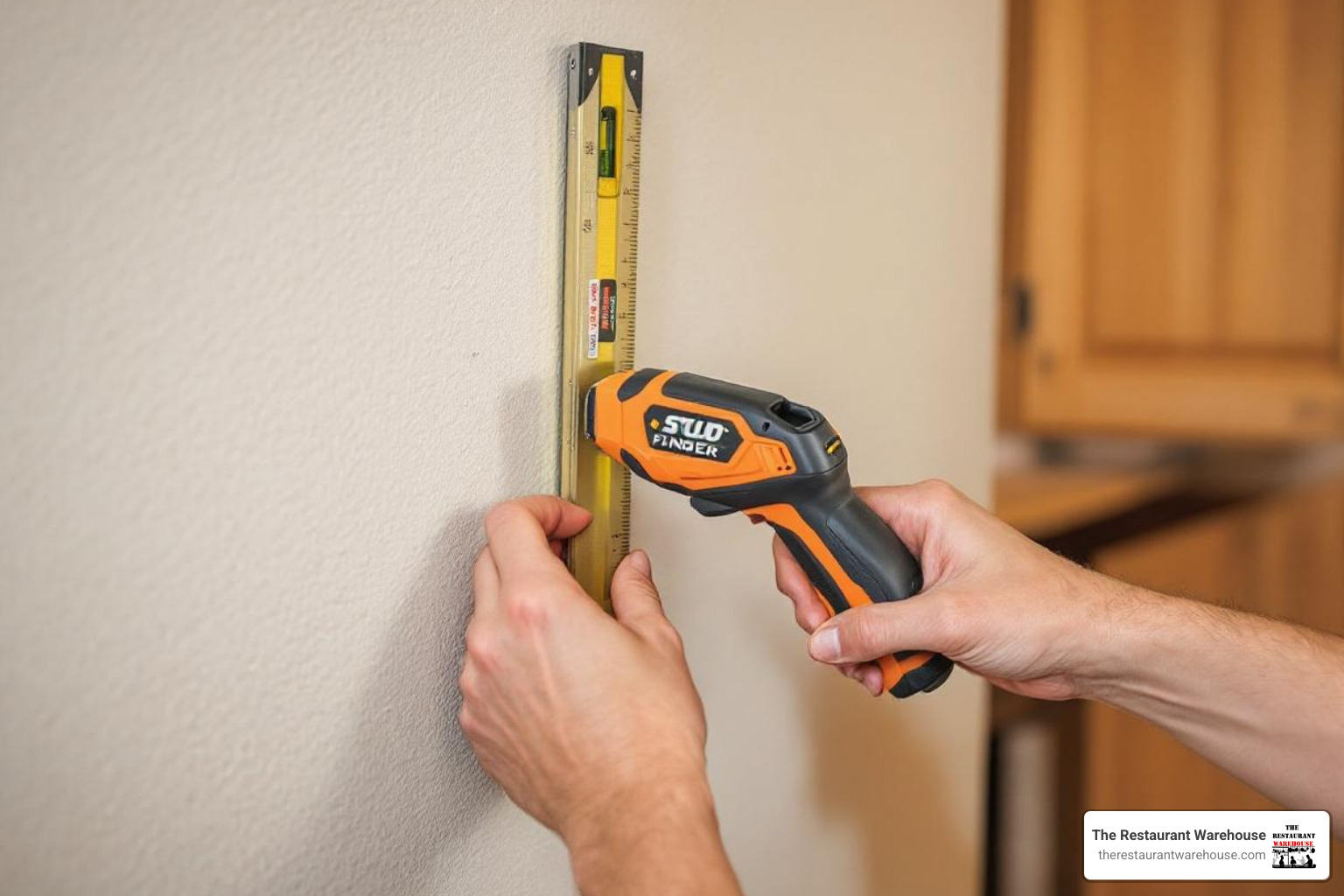 person using stud finder and level for cabinet installation - 12 inch deep tall cabinet