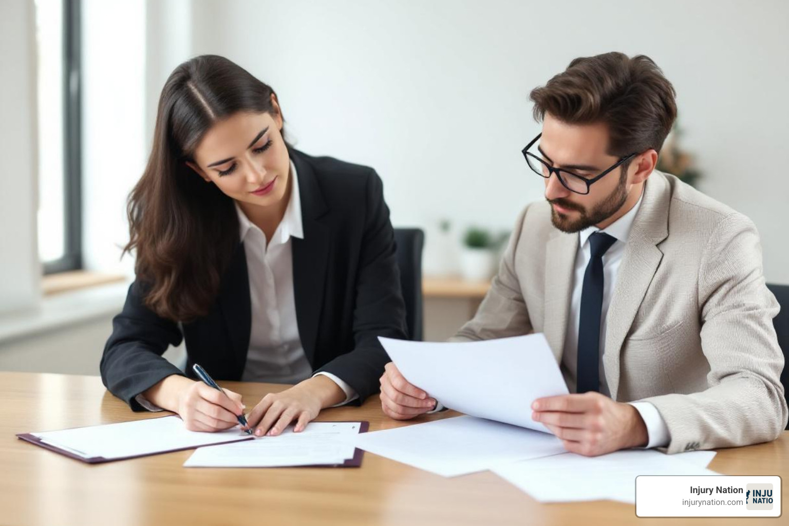 person reviewing legal contract with lawyer - Injury attorney fees