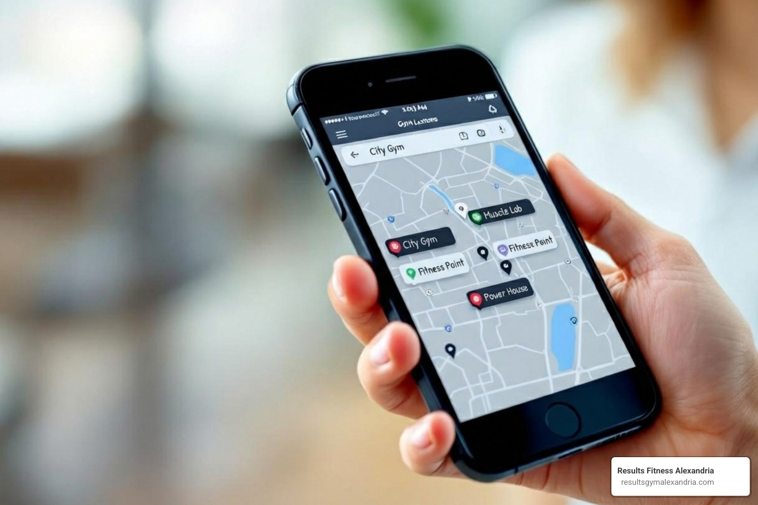 Person's phone screen showing a map with gym locations - 5am exercise classes near me