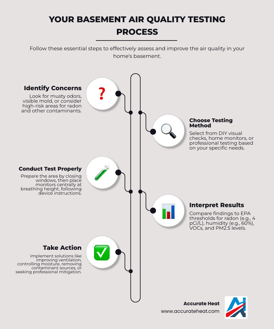 Infographic showing the basement air quality testing process: 1) Identify concerns (mold, musty odors, radon risk areas), 2) Choose testing method (visual inspection, DIY monitor, or professional service), 3) Conduct test properly (close windows 24 hours prior, place device at breathing height in central location), 4) Interpret results (compare to EPA thresholds for radon, humidity, VOCs, PM2.5), 5) Take action (improve ventilation, control moisture, remove sources, or call professionals) - basement air quality test infographic infographic-line-5-steps-elegant_beige