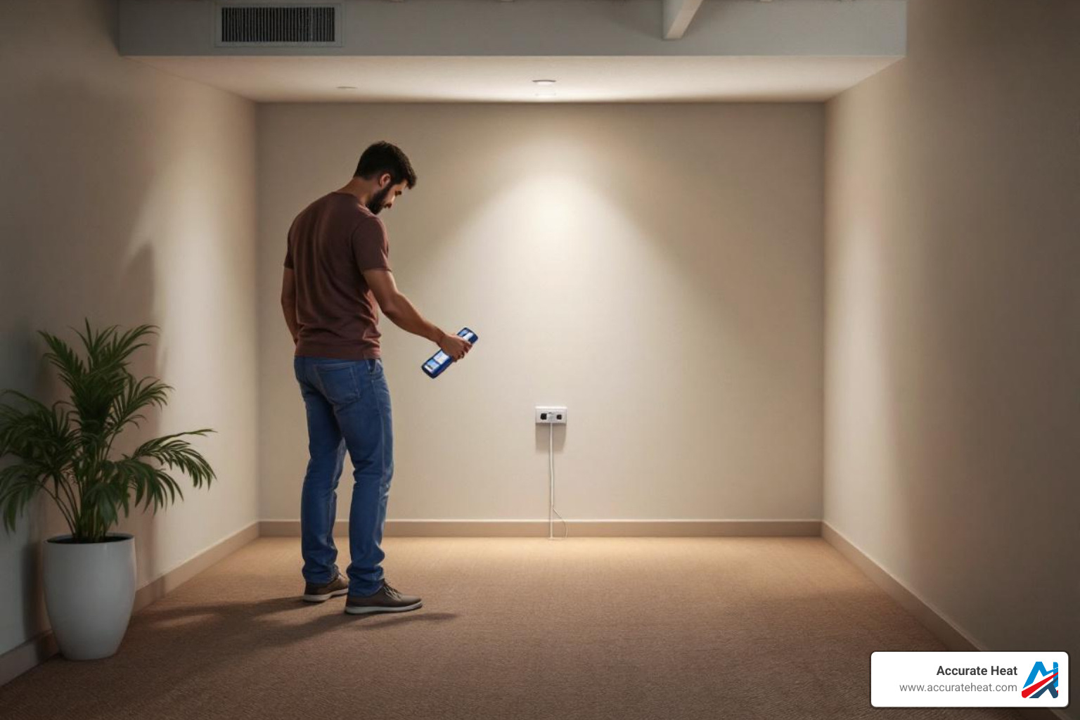 A person placing a monitor or checking for visible mold in the center of a basement room, away from windows or vents. - basement air quality test