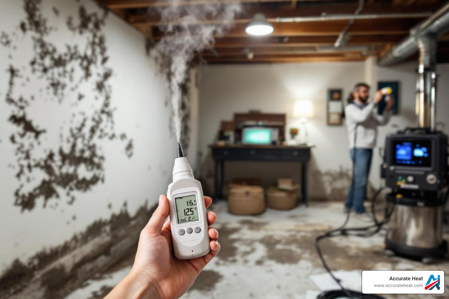 A collection of different test approaches: visual inspection, humidity meter, and a digital air quality monitor, and a professional inspector taking a sample. - basement air quality test