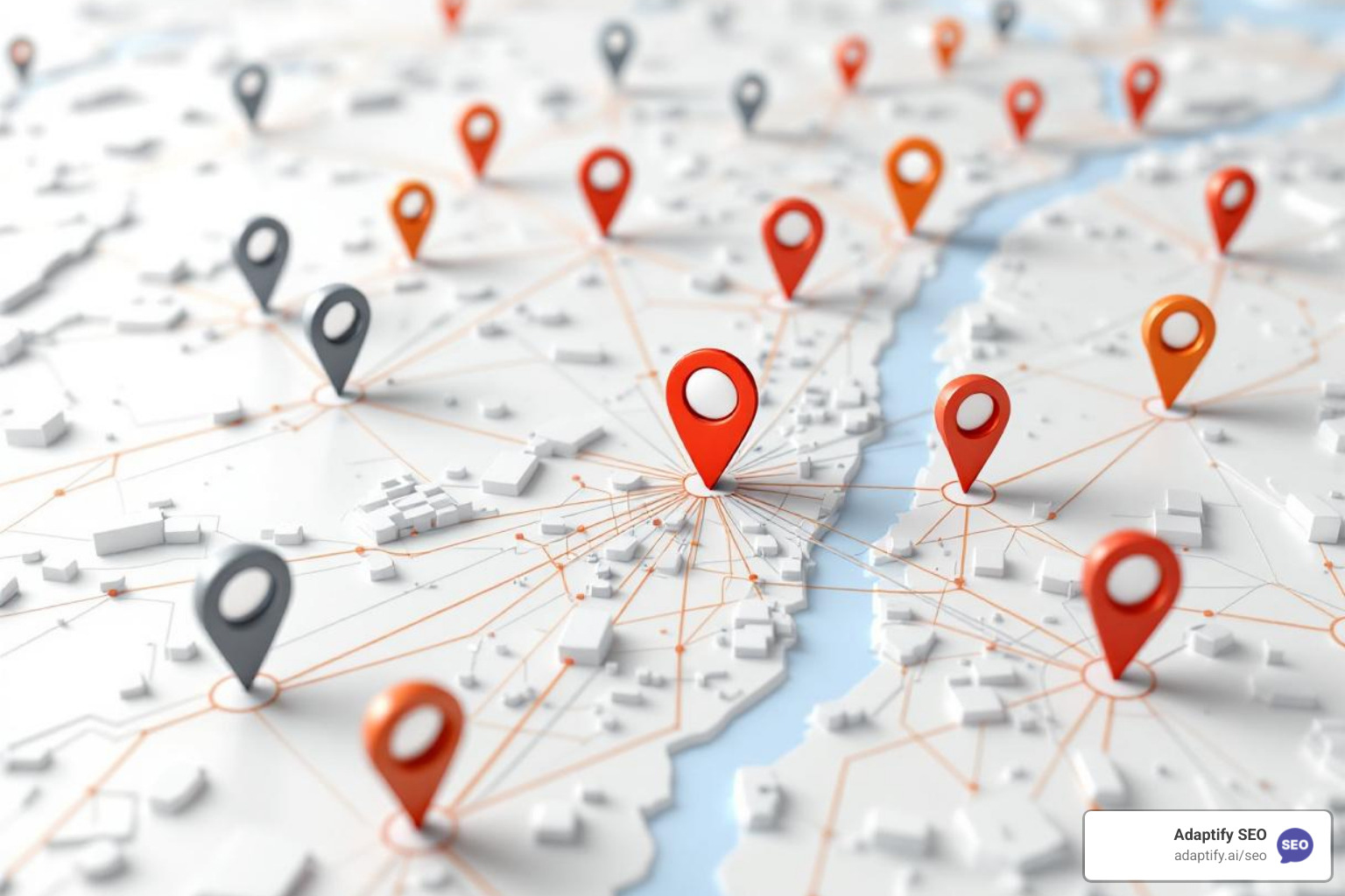 Map with pins representing local citations and links pointing to a central business - seo indianapolis in