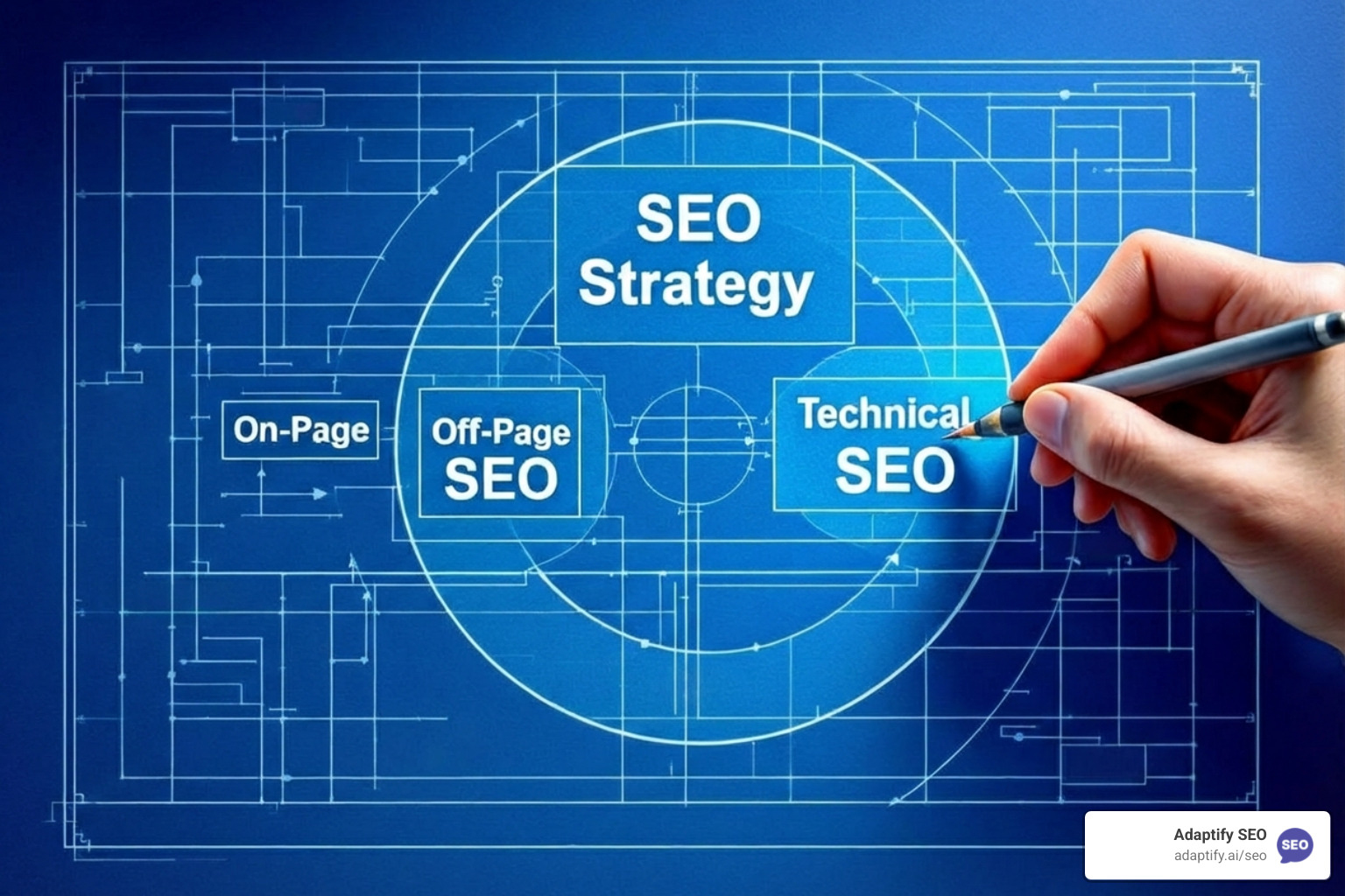 Blueprint or structured diagram showing SEO components - seo indianapolis in