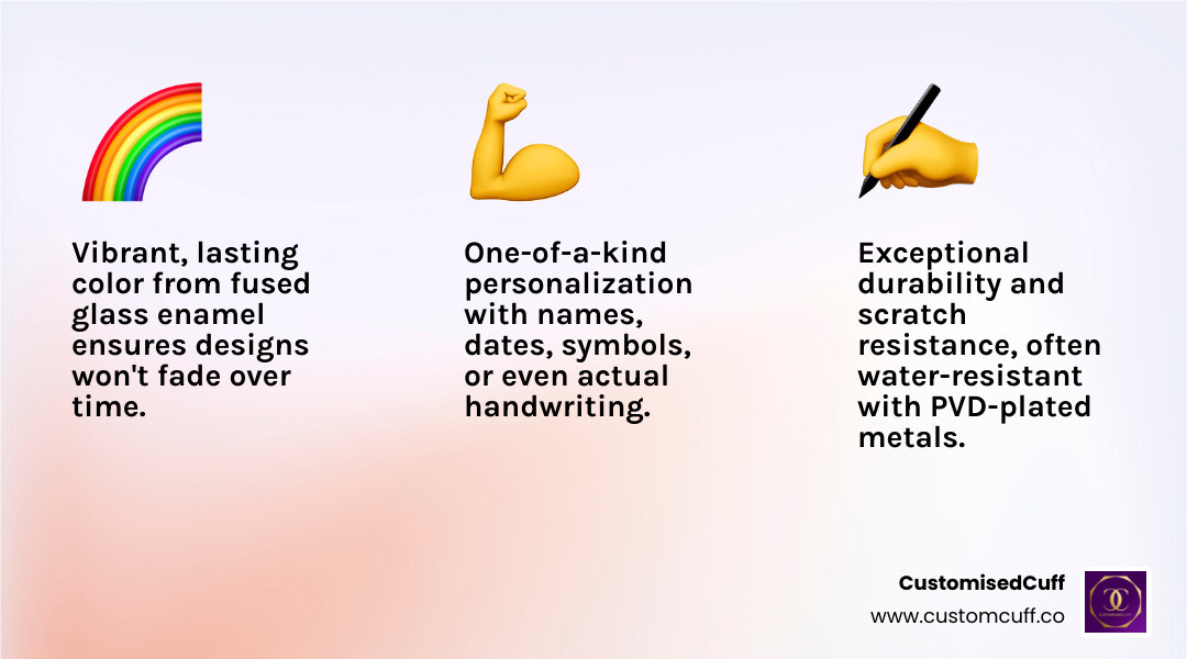 Infographic showing the key benefits of custom enamel necklaces: vivid color options from fused glass enamel, exceptional durability and scratch resistance, one-of-a-kind personalization with names, dates, symbols, or handwriting, water-resistant when made with PVD plating, and versatile styles from minimalist to vintage-inspired - custom enamel necklace infographic 3_facts_emoji_light-gradient
