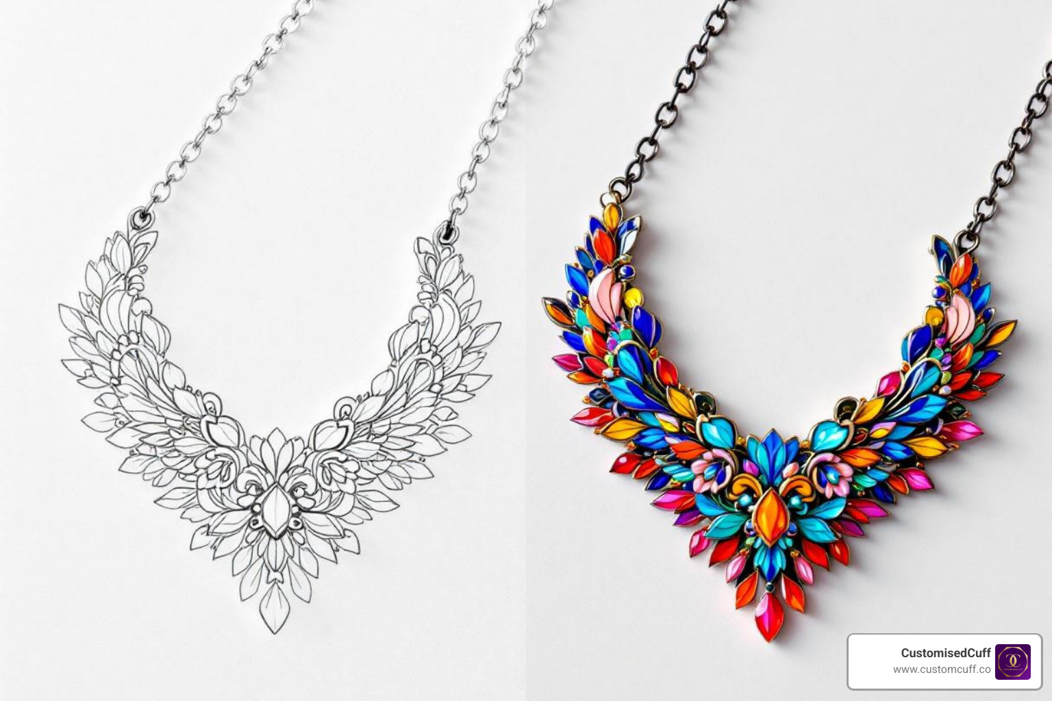 Design sketch beside a finished custom enamel necklace - custom enamel necklace