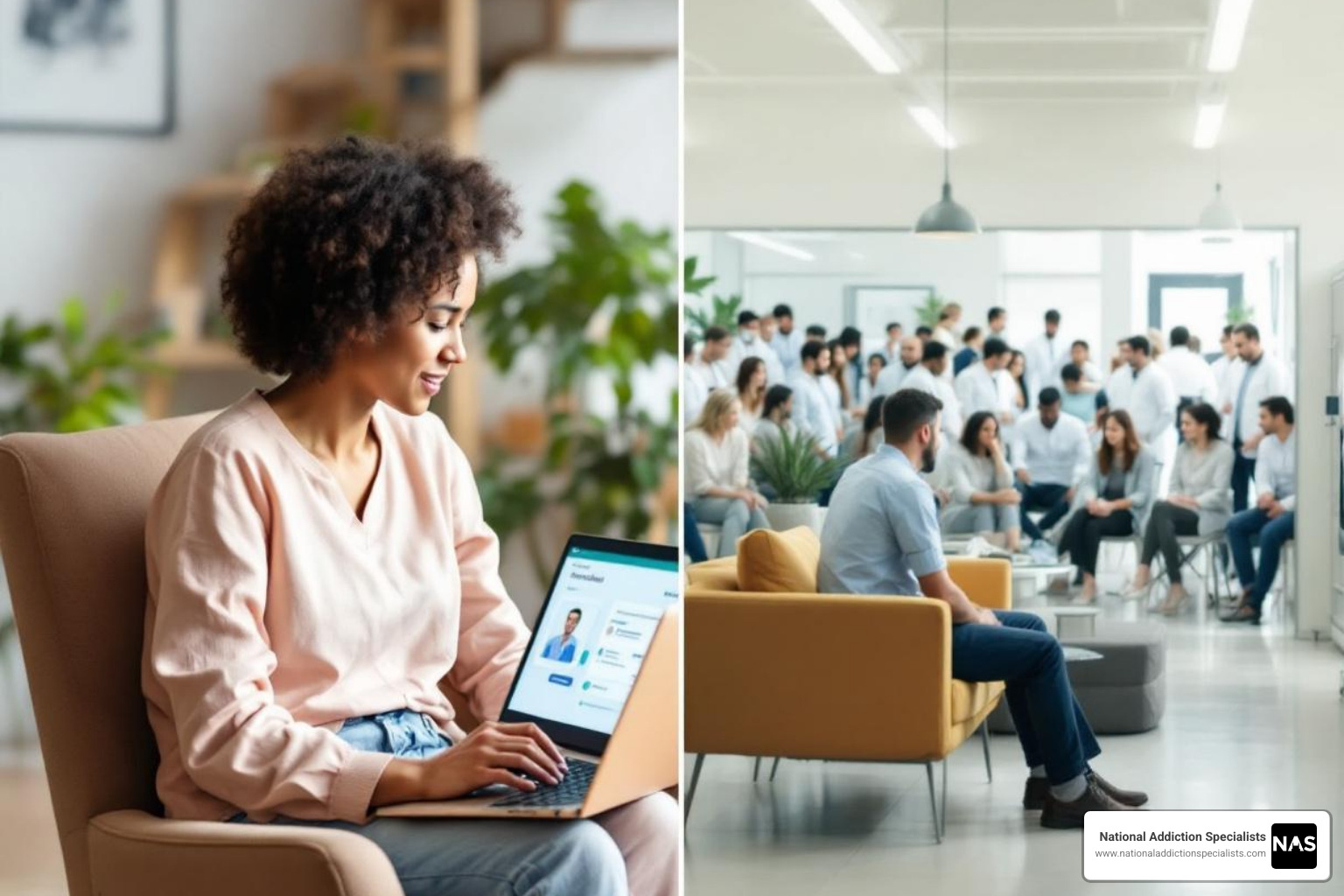 Image illustrating the convenience of home-based care versus a traditional clinic waiting room. - suboxone prescription online