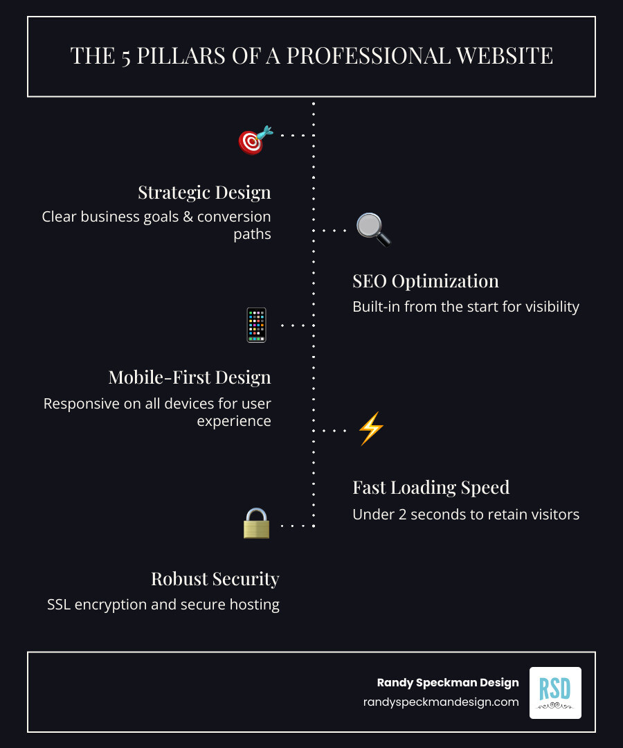 Infographic showing the 5 pillars of a professional website: Strategic Design with clear business goals and conversion paths, SEO optimization built-in from the start, Mobile-First responsive design that works on all devices, Fast Loading Speed under 2 seconds, and Security with SSL encryption and secure hosting - affordable professional website design infographic infographic-line-5-steps-dark Infographic showing the 5 pillars of a professional website: Strategic Design with clear business goals and conversion paths, SEO optimization built-in from the start, Mobile-First responsive design that works on all devices, Fast Loading Speed under 2 seconds, and Security with SSL encryption and secure hosting - affordable professional website design infographic infographic-line-5-steps-dark