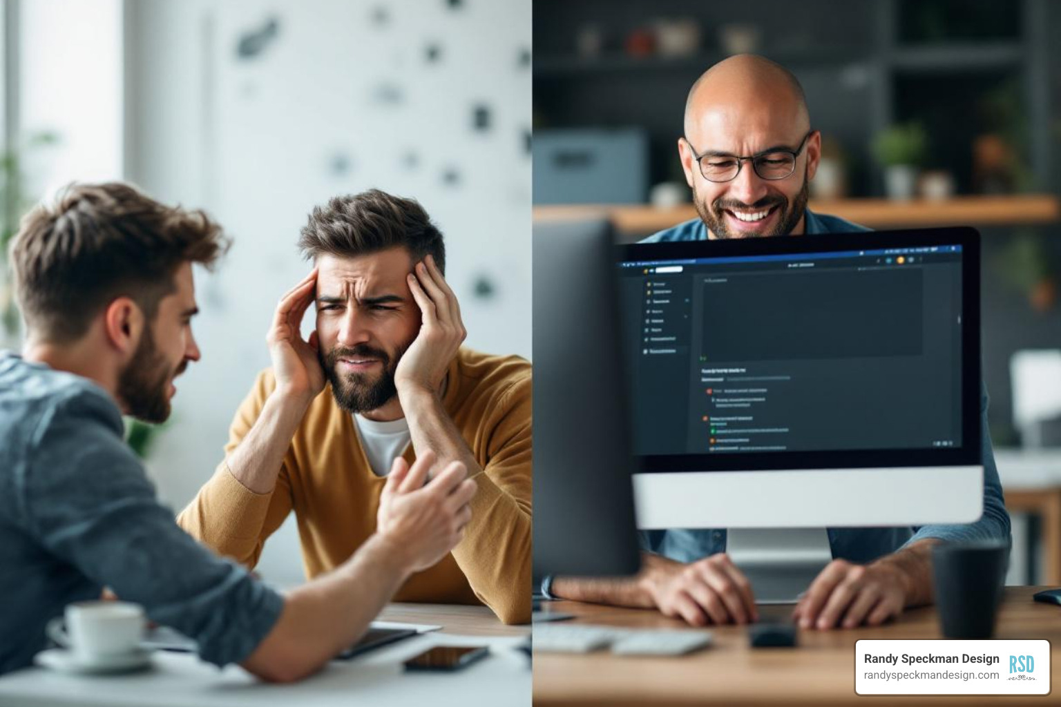 split screen of frustrating DIY builder and designer with happy client - affordable professional website design split screen of frustrating DIY builder and designer with happy client - affordable professional website design