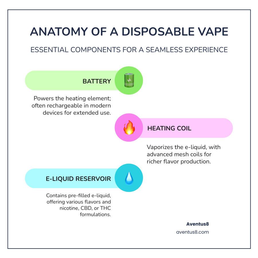 Infographic showing the anatomy of a disposable vape with labeled components: a cylindrical device cross-section displaying the battery at the bottom, heating coil in the middle, e-liquid reservoir surrounding the coil, and mouthpiece at the top, with arrows indicating airflow path and vapor production - disposable vape infographic infographic-line-3-steps-colors
