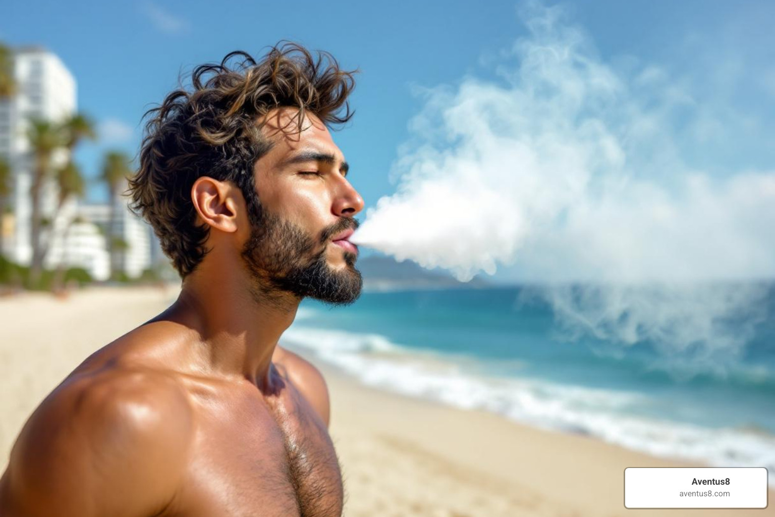 a person vaping with a scenic Hollywood Beach background - disposable vape