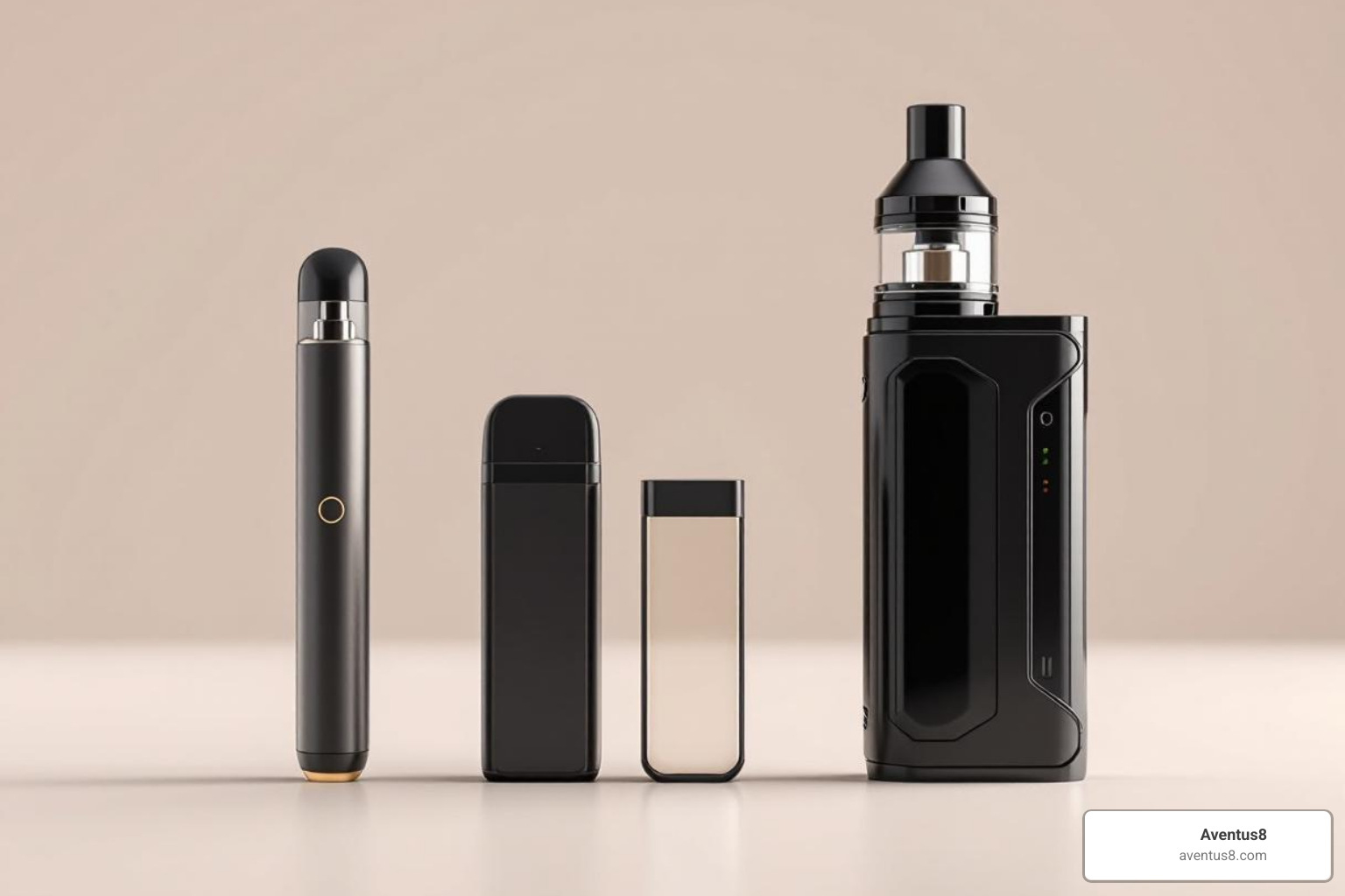 a disposable vape next to a pod system and a larger mod device - disposable vape