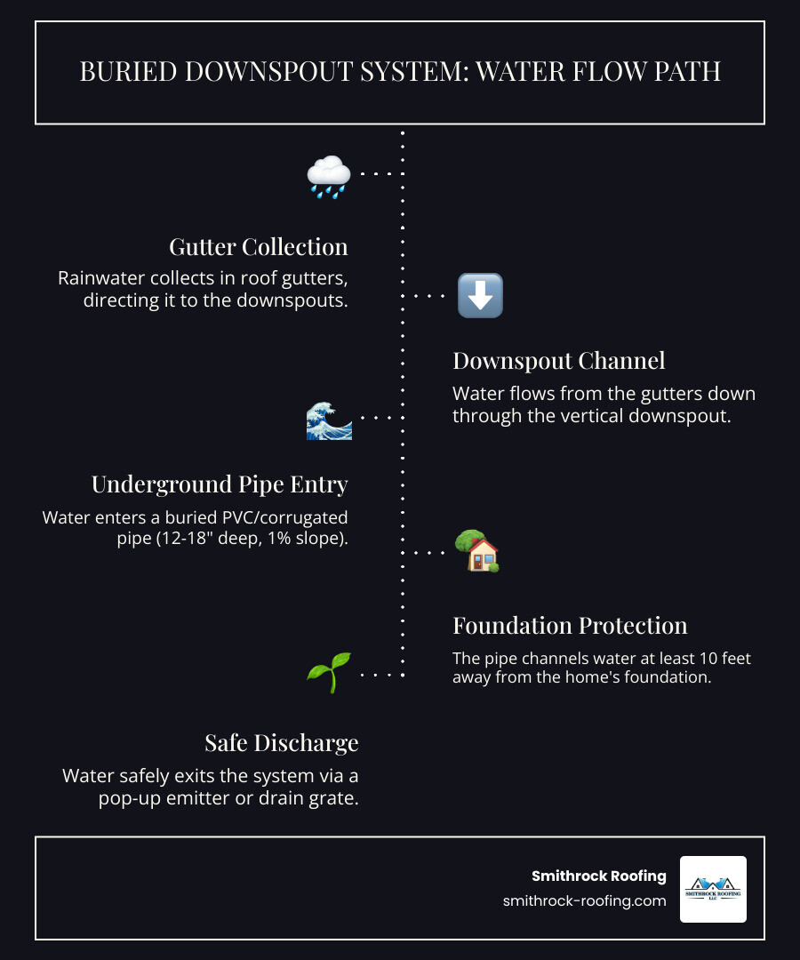 Infographic showing the complete water flow path: rainwater collecting in roof gutters, flowing down through the downspout into an underground PVC pipe buried 12-18 inches deep at a 1% slope, traveling at least 10 feet away from the foundation, and finally discharging through a pop-up emitter into the yard - Buried downspout installation infographic infographic-line-5-steps-dark