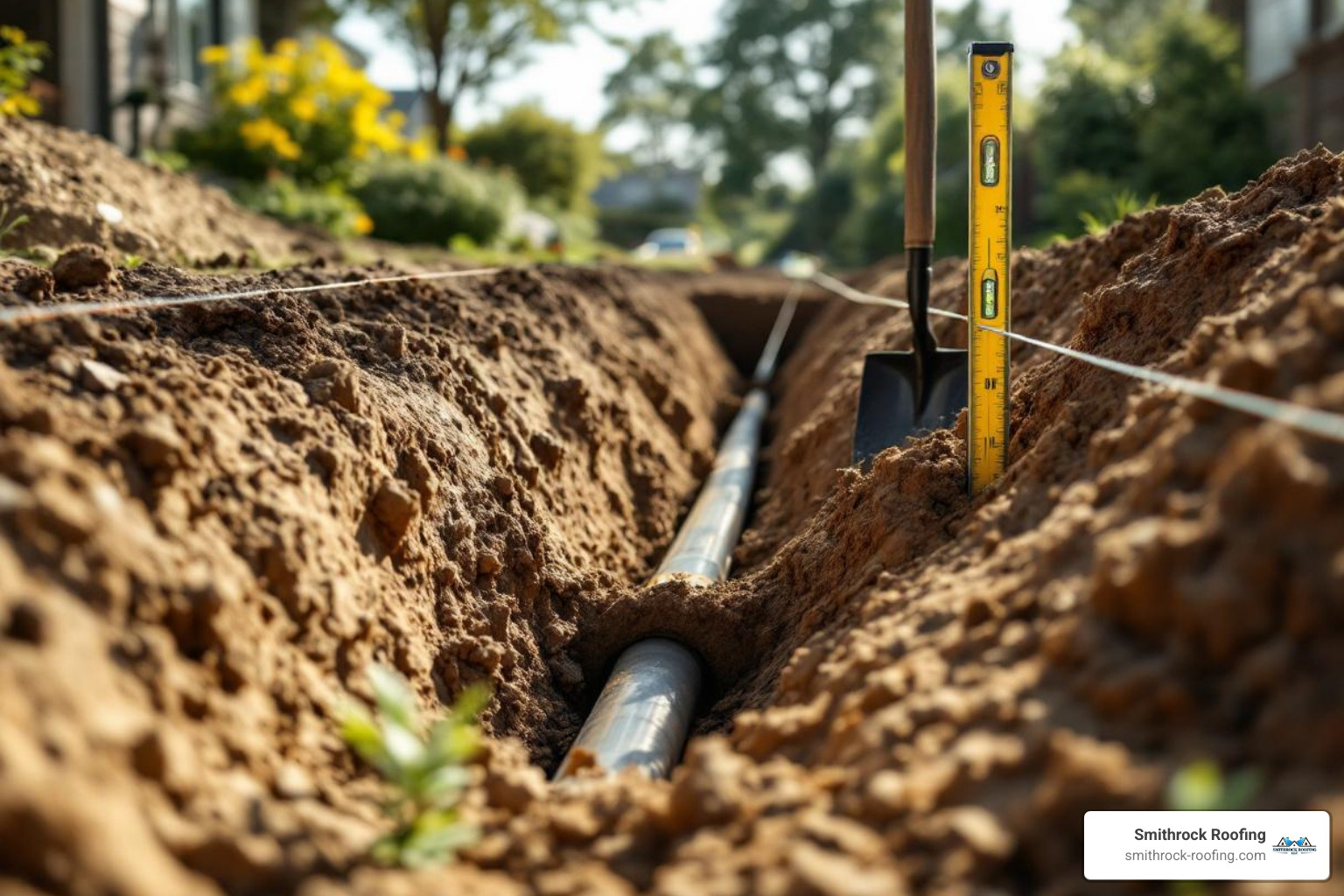 Trench being dug with a string line and level to demonstrate the proper slope for drainage - Buried downspout installation