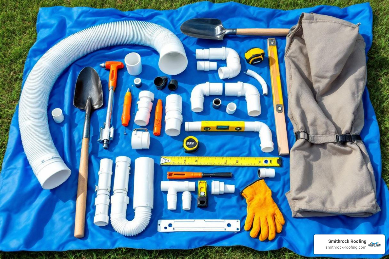 Tools and materials neatly laid out on a tarp for a downspout installation - Buried downspout installation