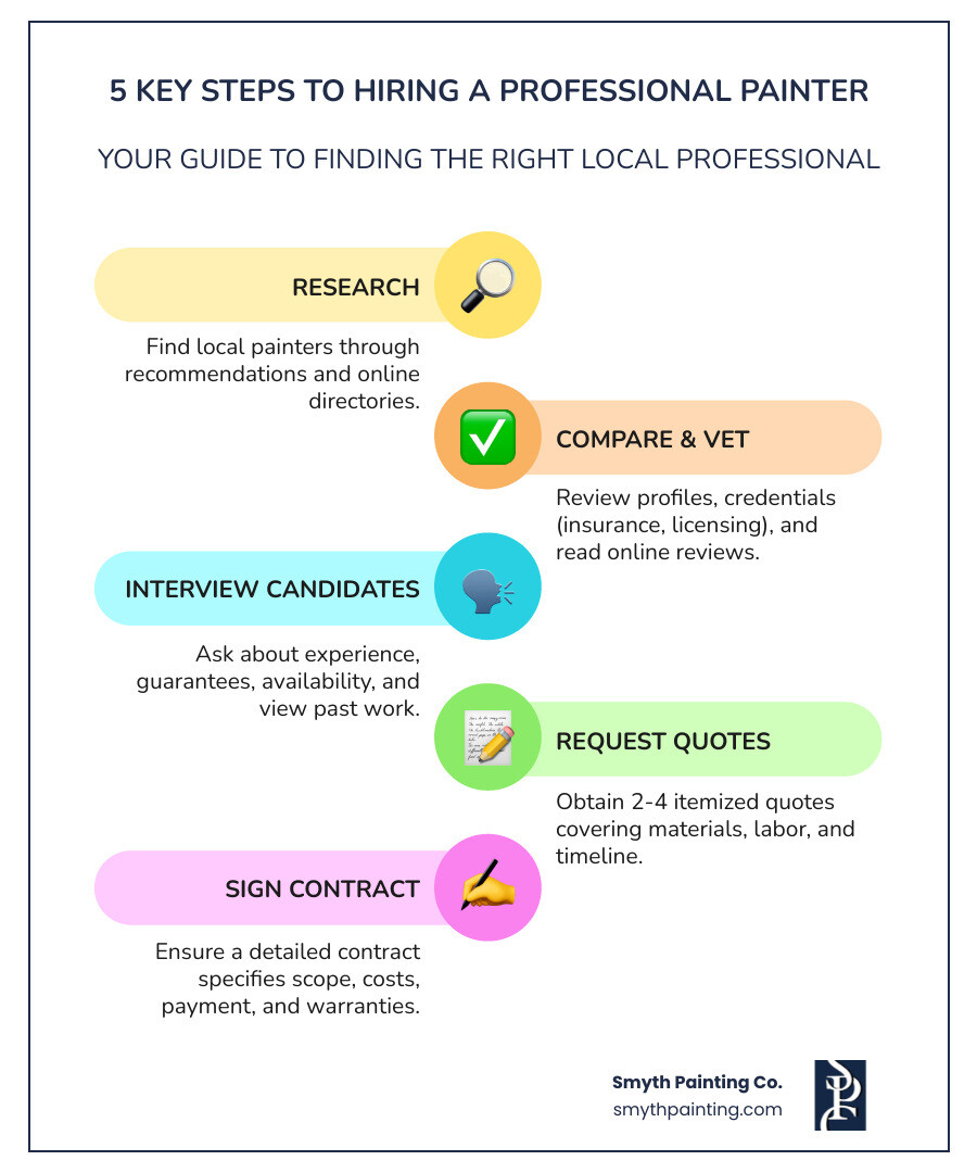 Infographic showing 5 key steps to hiring a professional painter: Step 1 - Research local painters through recommendations and online directories. Step 2 - Compare profiles, reviews, and credentials including insurance and licensing. Step 3 - Vet candidates by asking about experience, guarantees, and viewing past work. Step 4 - Request itemized quotes from 2-4 painters covering materials, labor, and timeline. Step 5 - Sign a detailed contract specifying scope, costs, payment schedule, and warranties. - local painter and decorator near me infographic infographic-line-5-steps-colors Infographic showing 5 key steps to hiring a professional painter: Step 1 - Research local painters through recommendations and online directories. Step 2 - Compare profiles, reviews, and credentials including insurance and licensing. Step 3 - Vet candidates by asking about experience, guarantees, and viewing past work. Step 4 - Request itemized quotes from 2-4 painters covering materials, labor, and timeline. Step 5 - Sign a detailed contract specifying scope, costs, payment schedule, and warranties. - local painter and decorator near me infographic infographic-line-5-steps-colors