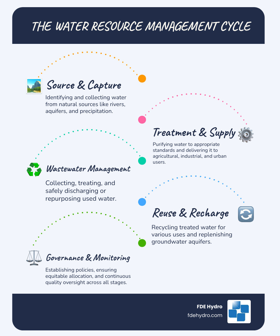 Infographic showing the water resource management cycle: starting with source water (rivers, aquifers, precipitation), moving through collection and storage infrastructure (dams, reservoirs), water treatment facilities, distribution systems to end users (agricultural, industrial, municipal), wastewater collection and treatment, water reuse and recycling options, and managed aquifer recharge returning water to groundwater systems, with governance and monitoring overlaying all stages - water resource management infographic infographic-line-5-steps-blues-accent_colors Infographic showing the water resource management cycle: starting with source water (rivers, aquifers, precipitation), moving through collection and storage infrastructure (dams, reservoirs), water treatment facilities, distribution systems to end users (agricultural, industrial, municipal), wastewater collection and treatment, water reuse and recycling options, and managed aquifer recharge returning water to groundwater systems, with governance and monitoring overlaying all stages - water resource management infographic infographic-line-5-steps-blues-accent_colors